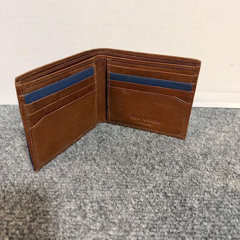 Ted Baker Wallet Mens Brown Leather Bifold Card Holder Blue Trim Logo Lining